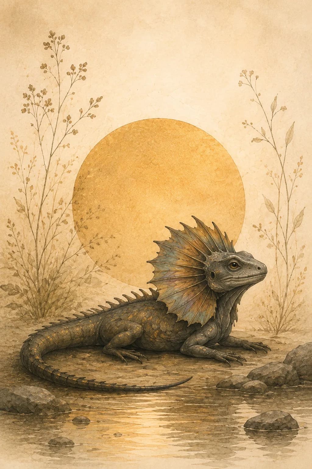 Aquarell einer Kragenechse, die am flachen Ufer eines Gewässers ruht; hinter ihr steht eine große goldene Sonnenscheibe, links und rechts feine Goldgräser.